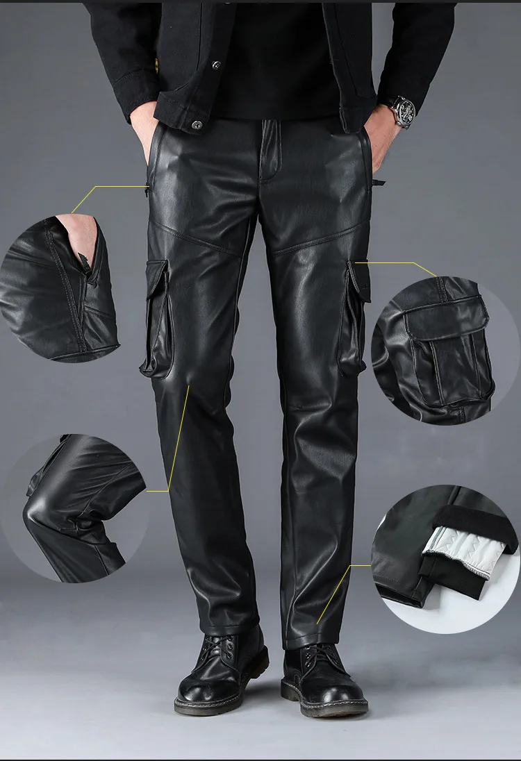 casual joggers mens Men's PU Leather Cargo Pants Motorcycle Biker Leather Pants Black Elastic Straight fit Leather Trousers for Male khaki uniform pants