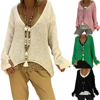 

Plus Size Loose Women Solid Color V Neck Long Sleeve Sweater Irregular