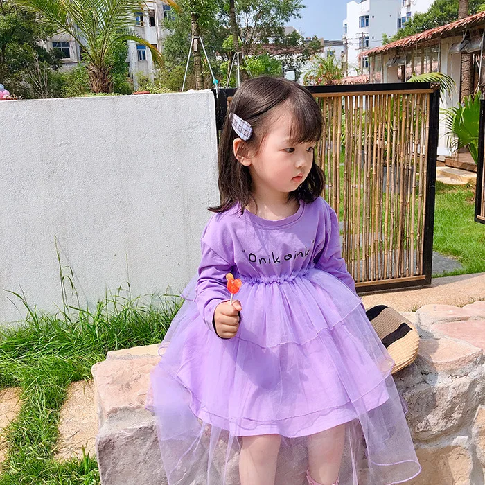 Весенне-осеннее платье принцессы для девочек детское многослойное платье с длинными рукавами и надписью праздничные платья из мягкой сетки