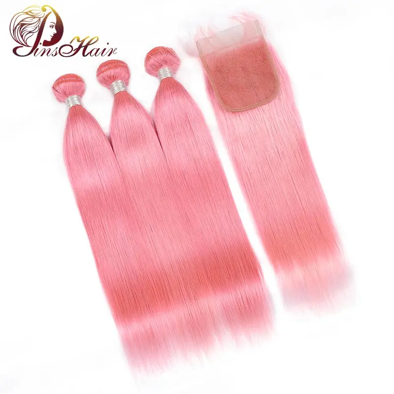 Перуанские человеческие волосы пучки с закрытием цветные розовые пучки с фронтальной прямой волос не Реми предварительно выщипанные