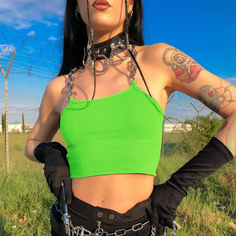 ArtSu Metal Chain Straps Sexy Cropped Tank Top Women 2020 Streetwear Club Crop Top Summer Vest Fashion Black White Green Tops