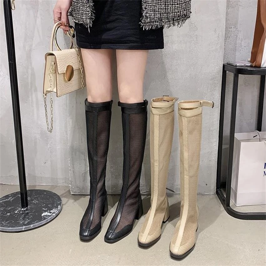 Woman Sexy Mesh Sandal Boots Summer Knee High Boots For Women Ladies Girls Chunky Low Heel Mesh Sandals Luxury Brand Shoes Women Women S Boots Aliexpress