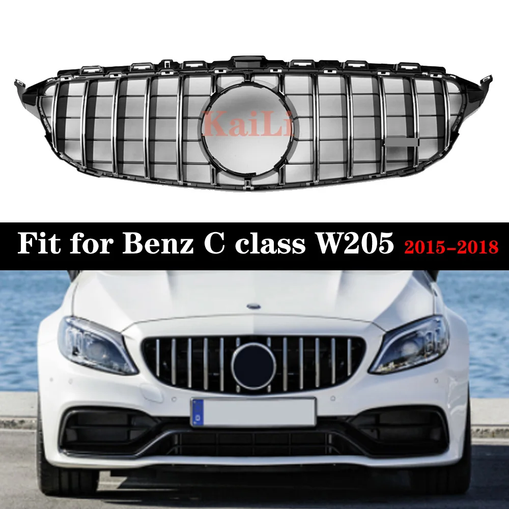Серебряные гоночные грили Chrome GT для Mercedes Benz C Class W205 c200 c250 c300 2015 2018 решетка без