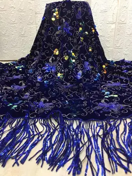 

Pretty embroidered tulle velet lace fabric with sequins JOY-22907 african net lace fabric with tassel for party dress
