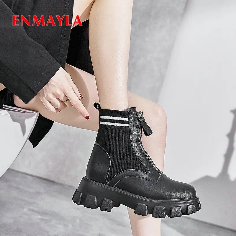 

ENMAYLA 2019 Stretch Fabric Fashion Winter Boots Women Lace-Up Motorcycle Boots Round Toe Square Heel PU Shoes Woman 34-39
