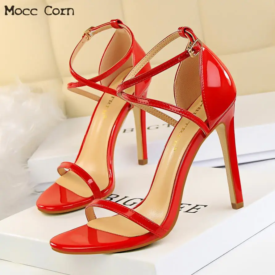 

Summer Patent Leather Sandals High Heels Open Toe Thin Heeled Ankle Strap Roman Sandals Women Gladiator Sandal Women High Heel