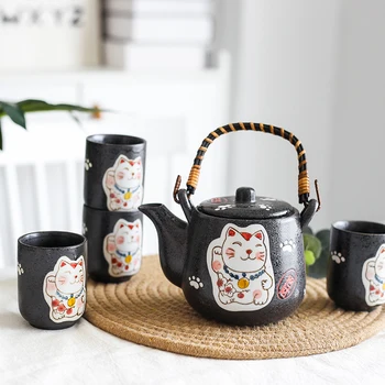 

Japanese style tea set lovely lucky cat ceramic teapot tea cup pot solid wood tray strainer household teaware