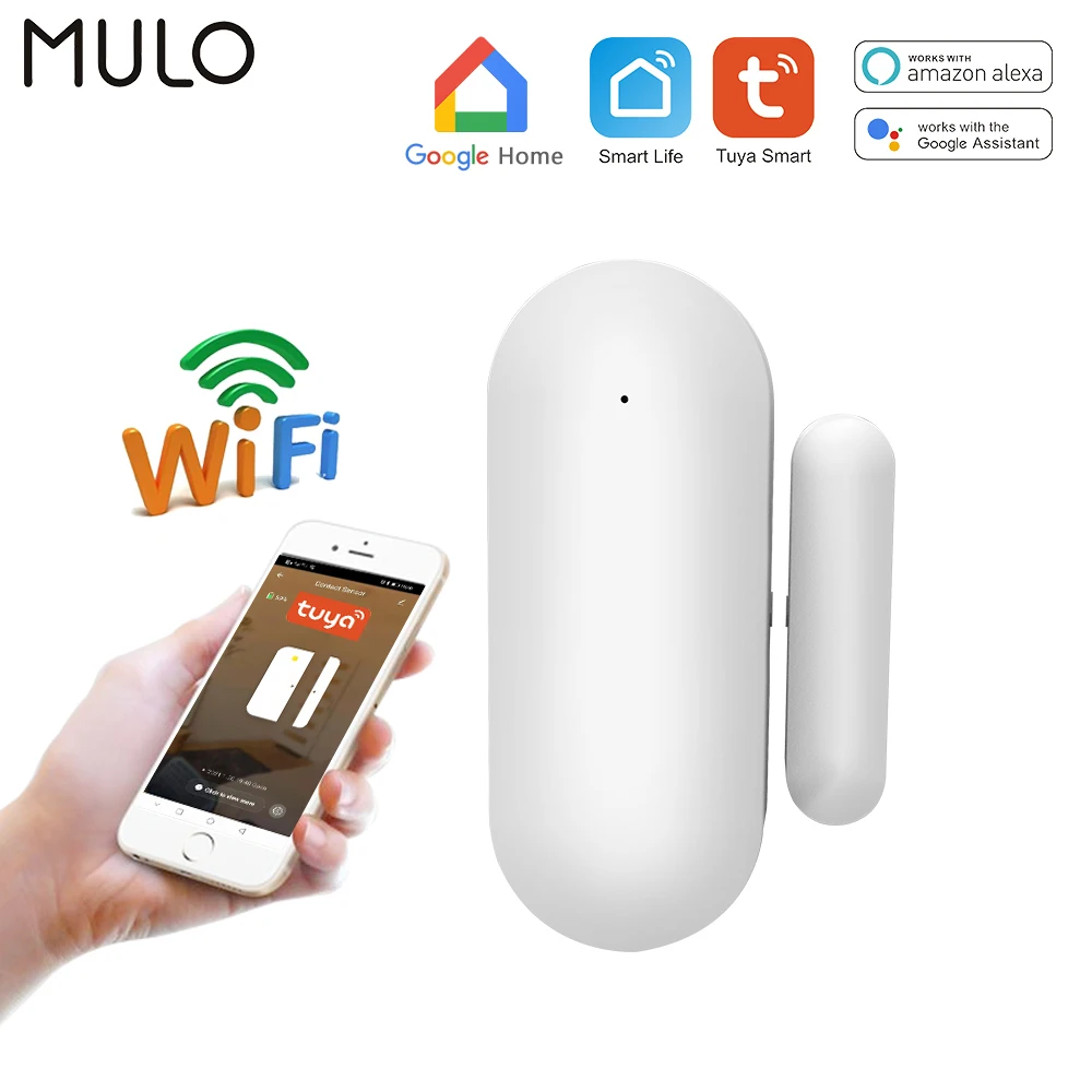 MULO Smart life-Sensor de puerta con WiFi, detector de ventana Tuya, alerta de notificación, alarma de seguridad, funciona con Alexa y Google