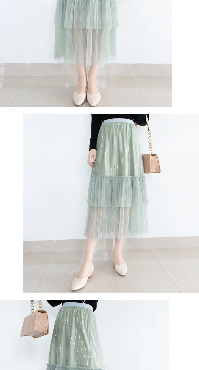 REALEFT High Waist Elastic Midi Skirts New Arrivals Autumn Spring Mesh Patchwork Fashion Pleated Skirts Female