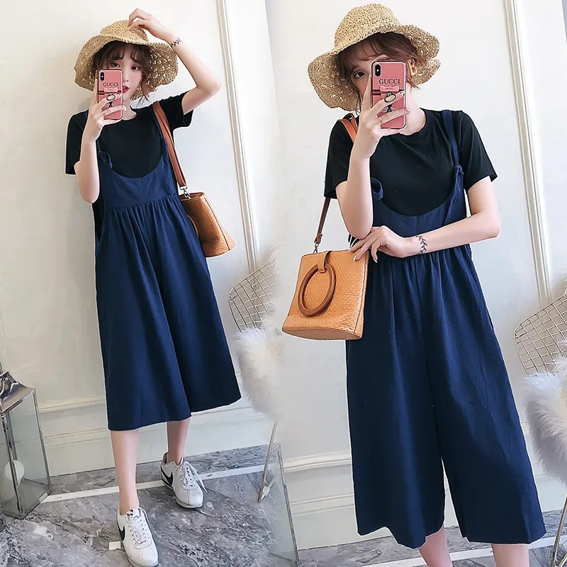 

2019 Spring And Summer New Style Large Size Dress Fat Mm Fashion Wide-Leg Camisole Suspender Pants And Short Sleeve T-shirt Fash