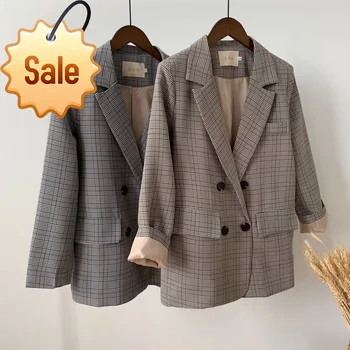 

Autumn 2020 New Ladies Suit Plaid Fashion Loose Casual Double Breasted Office Lady Women Blazer Coat QB197