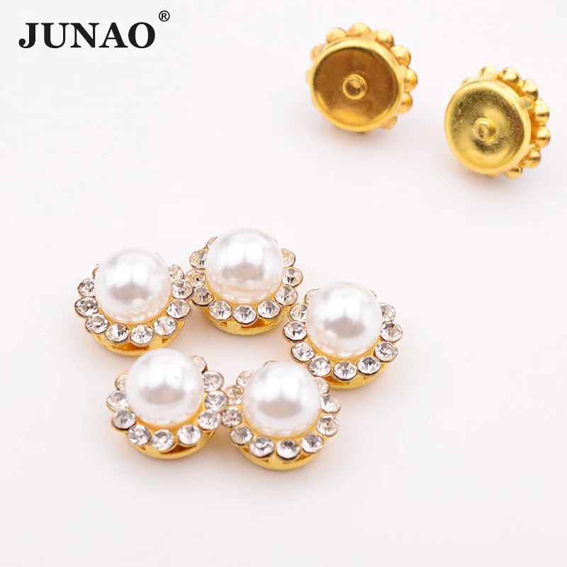 JUNAO-6-8-10-12-14-mm-Gold-Base-Pearl-Beads-Sewing-Rhinestones-Flower-Strass-Applique