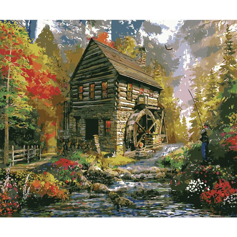 

Painting By Numbers DIY Dropshipping 40x50 60x75cm Beautiful lodge fishing Landscape Canvas Wedding Decoration Art picture Gift