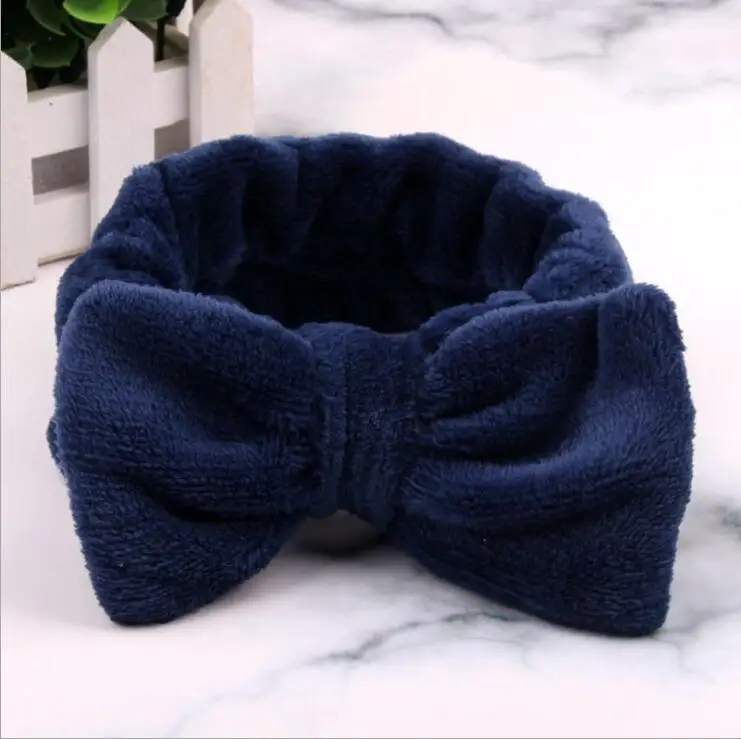 Solid Navy Blue Женская Мягкая Коралловая Флисовая Повязка на голову для мытья лица, ободок с бантиком для женщин и девочек, повязка на голову в горошек с надписью, головной убор с леопардовым принтом, аксессуары для волос - Цвет: Solid Navy Blue