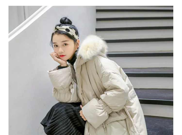 Стиль Dongdaemun Южная Корея корейско-Стиль пуховик Для женщин средней длины толстый воротник из натурального меха, обхват талии облегающие зимние