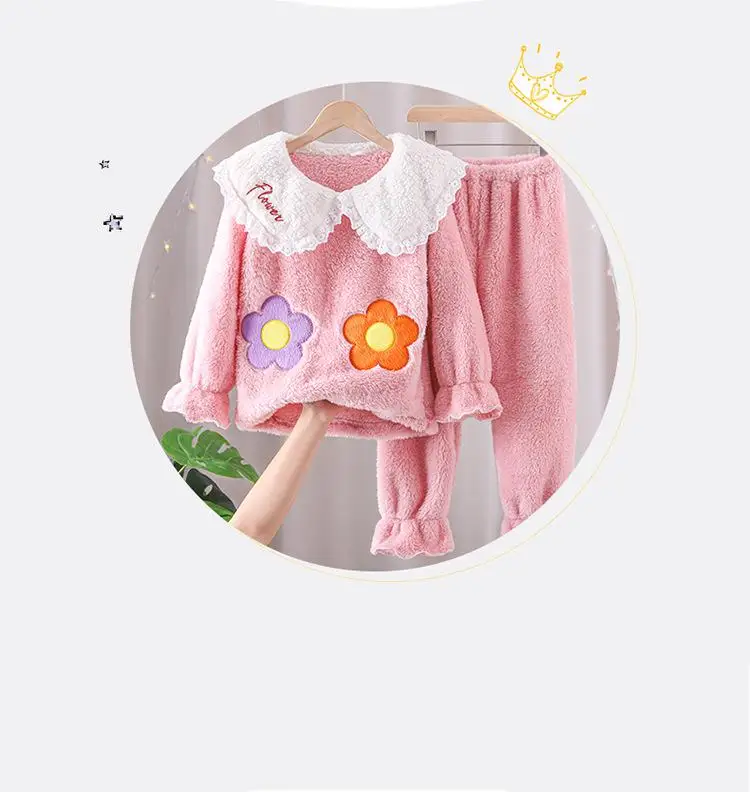 Children's Flannel Pajamas Autumn And Winter Warm Girls Home Wear Clothes Cute Cartoon Pink Baby Girls Sleepwear Kids Clothes pajama sets button up	