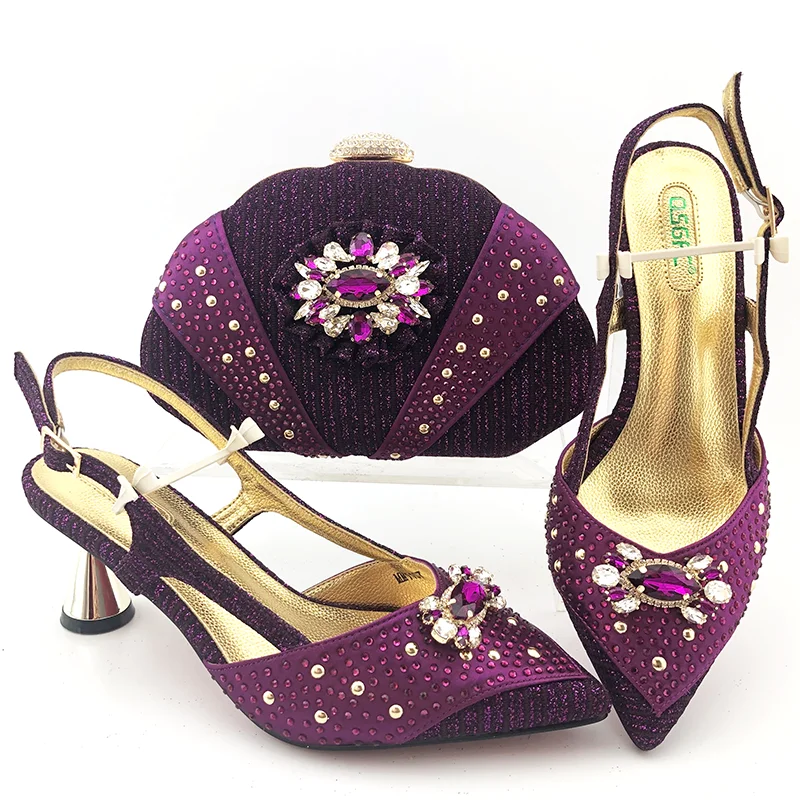

African aso ebi elegant purple color italian shoes and bag matching set nigeria lady party shoes and bag purple color SB2025-7