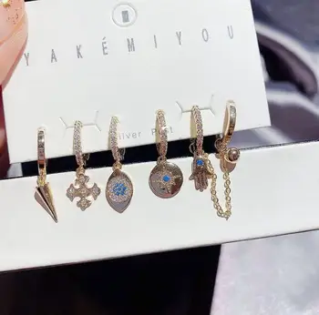 

High-grade luxury 6-piece earrings blue zircon devil's eyes star delicate ear accessories