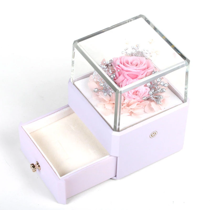

Creative High-end Acrylic Plasctic Rose Flower LED Lights Jewelry Earring Necklace Ring Full Display Box With Drawer Decoration