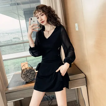 

S-XXL Plus Size Women and Shorts Ladies Elegant Solid 2 Piece Set Autumn Winter Modis Streetwear Mesh Patchwork Mini Black Dress