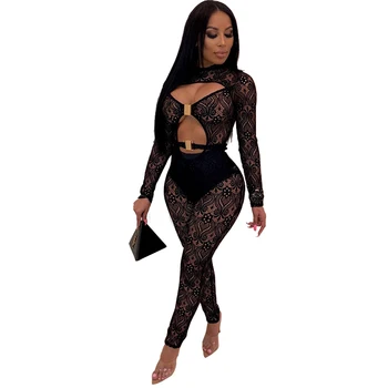 

Zoctuo Womne Sexy Lace Middle Waist Sheath Long Sleeve Long Pants With Belt Night Club Jumpsuit 2019 Spring