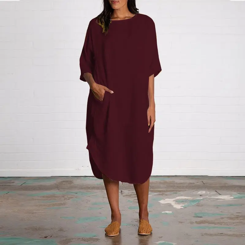 Модное Длинное Платье-туника для женщин, Повседневное платье средней длины с разрезом по бокам, ZANZEA женское летнее платье с рукавом средней длины - Цвет: Wine Red