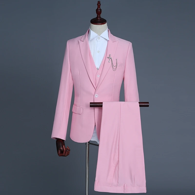 Модный корейский Тонкий шелковый деловой мужской костюм, Свадебный вечерний костюм из 3 предметов(пиджак+ жилет+ брюки - Color: pink as picture