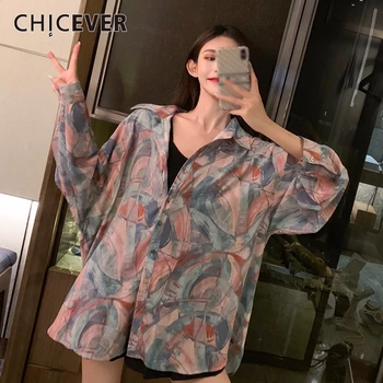 

CHICEVER Print Hit Color Women's Shirt Lapel Collar Long Sleeve Asymmetric Blouse For Female Clothing Fashion New Summer 2020