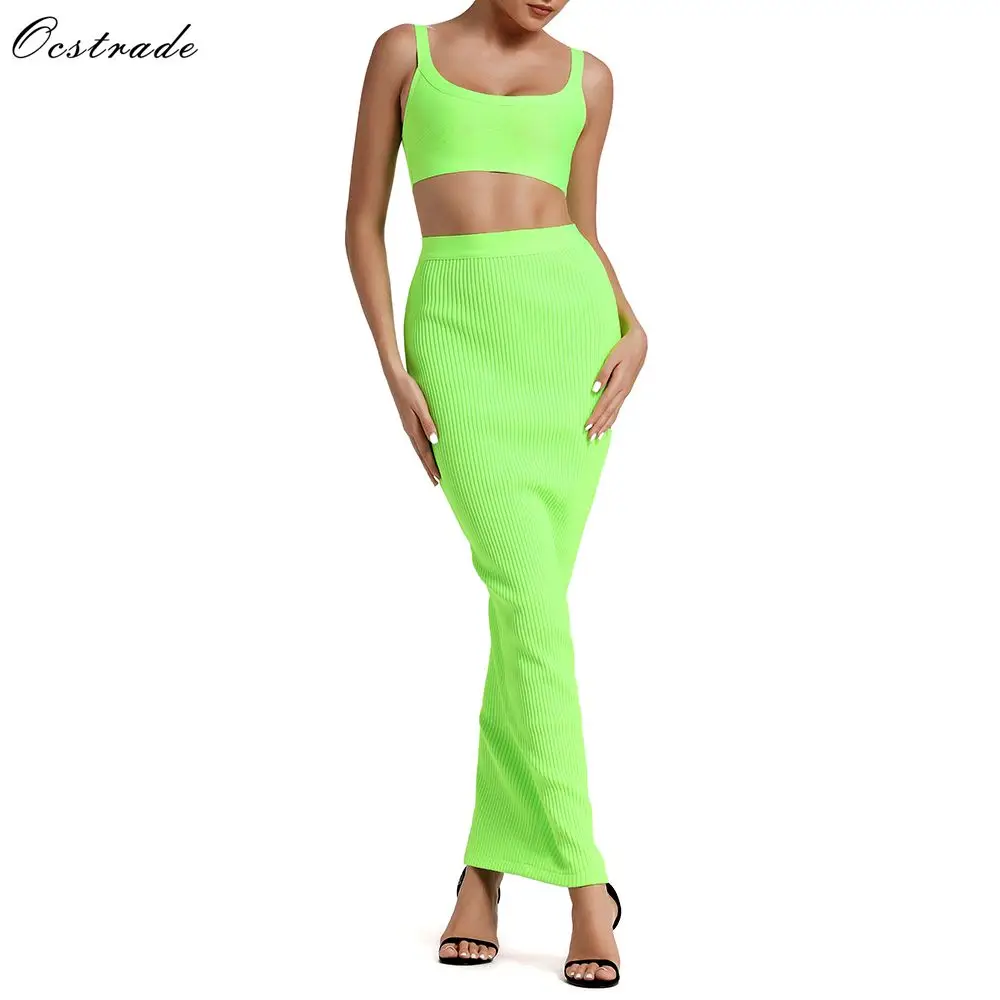 

Summer Bandage 2 Piece Set 2019 New Arrival Women Neon Green Green Bandage Dress Bodycon Two Piece Bandage Dress Party