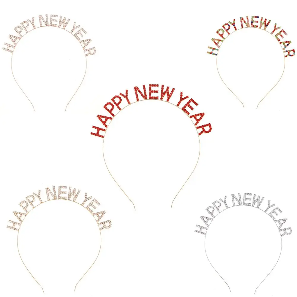 Dree Up New Year Headdress Alloy Letter HAPPY NEW YEAR Headband Rhinestone Crown Korean Style Hair Hoop Female Jewelry