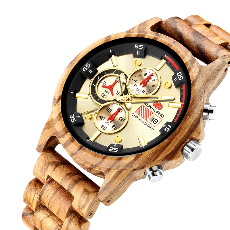 

KUNHUANG Wooden Men Watches Top Brand Luxury Quartz Wristwatch Montre Homme Auto Date Stop Watch Male Clock Relogio Masculino