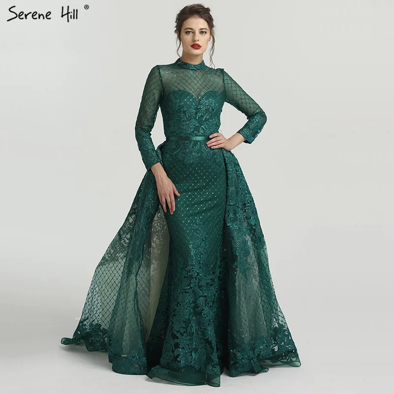 Зеленое, с длинным рукавом, высокий воротник, вечерние платья, Аппликации, расшитые блестками, модные роскошные блестящие вечерние платья русалки LA6542