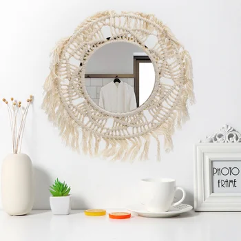 

Hanging Wall Mirror with Macrame Handmade Fringe Nordic Decor Round Decoration