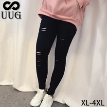 UUG 3xl 4xl женские брюки размера плюс, женские черные рваные узкие брюки с дырками, большие размеры, женские брюки с высокой талией