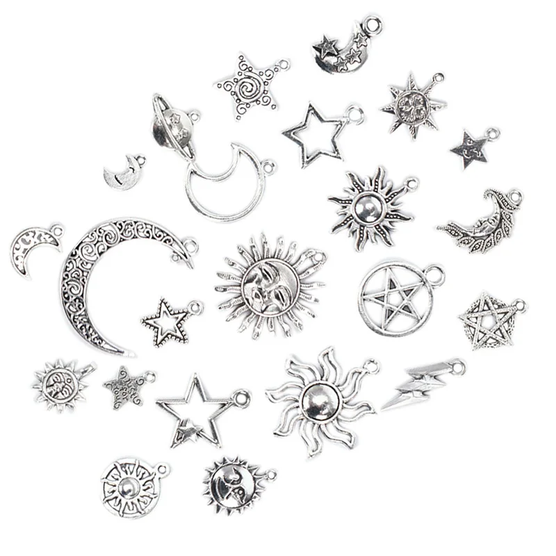 23Pcs/Set Fashion Mixed Silver Star Moon Sun Charms Pendant DIY Craft Jewelry Findings For Women