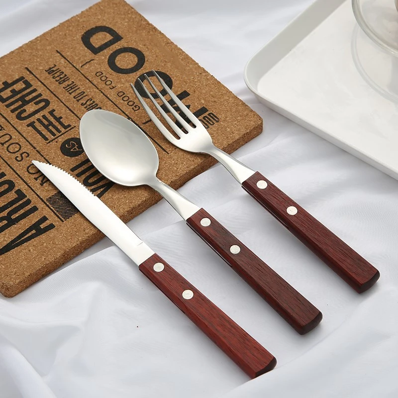 

ABUI-Chic Wooden Handle Dinnerware Set Stainless Steel Black Rosewood Knife fork Tableware Cutlery European Western Food Set 3Pc