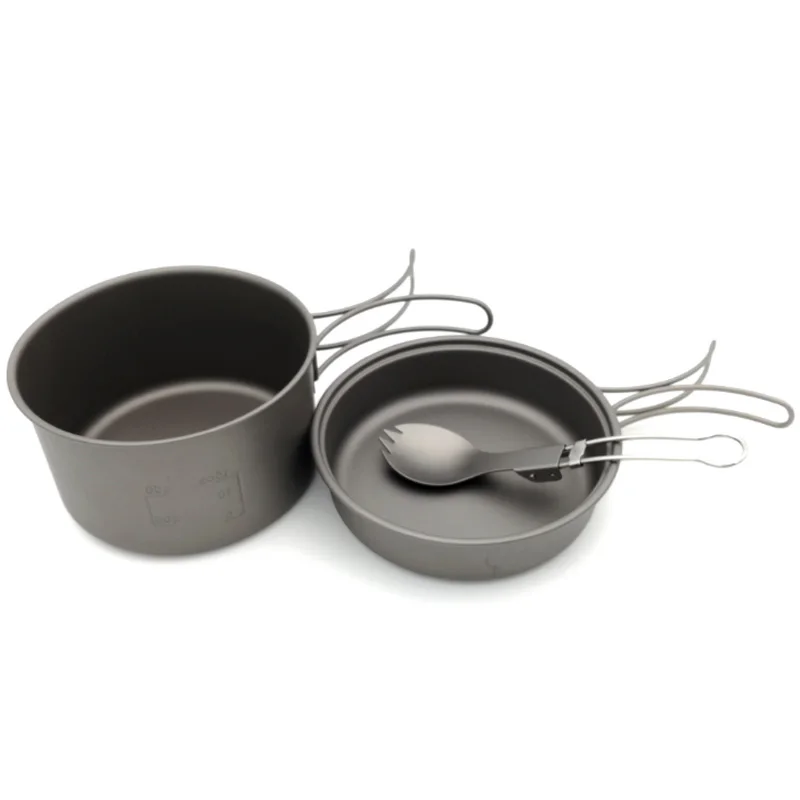 

TOP!-Titanium Pots Pans Bowls With Folding Handle Cook Camping Hiking Picnic Cookware Utensils With Titanium Spoon
