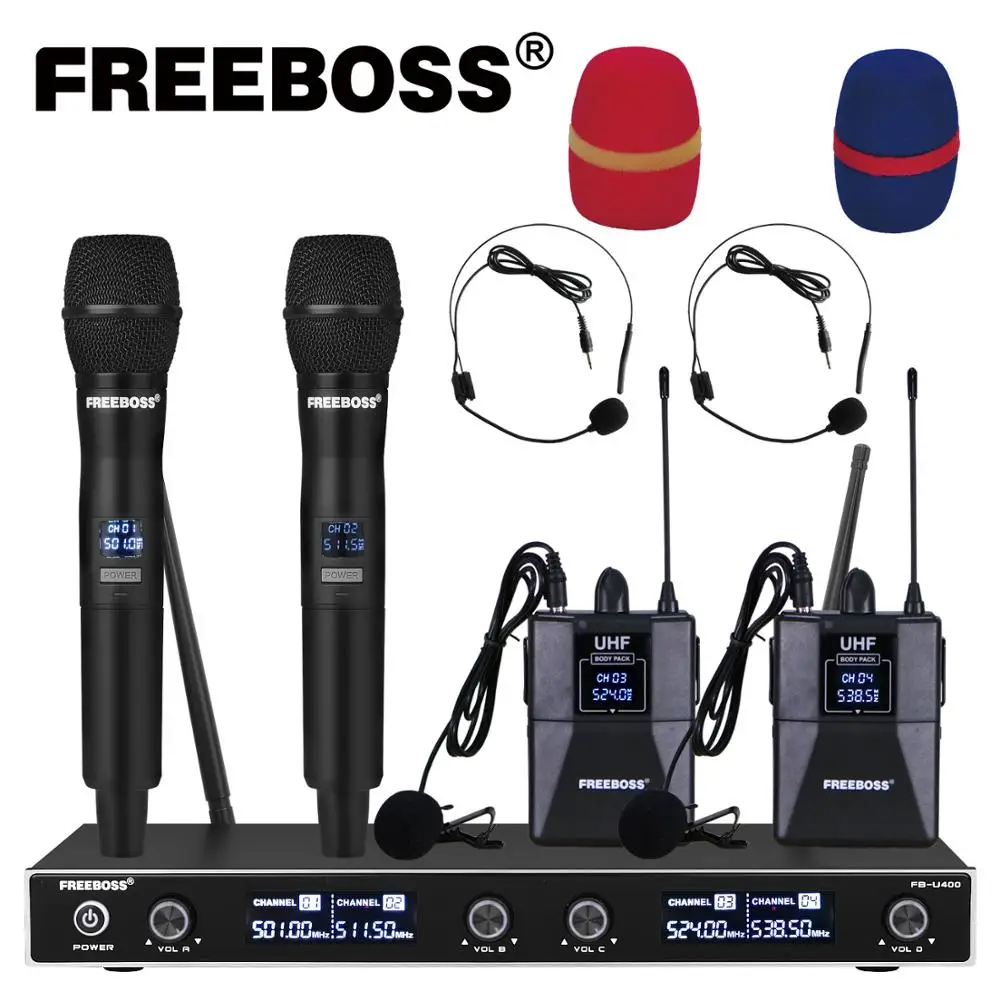 

FREEBOSS FB-U400H2 4 Channel UHF Wireless Microphone System with 2 Bodypack and 2 Handheld Microphone of Church Family Party