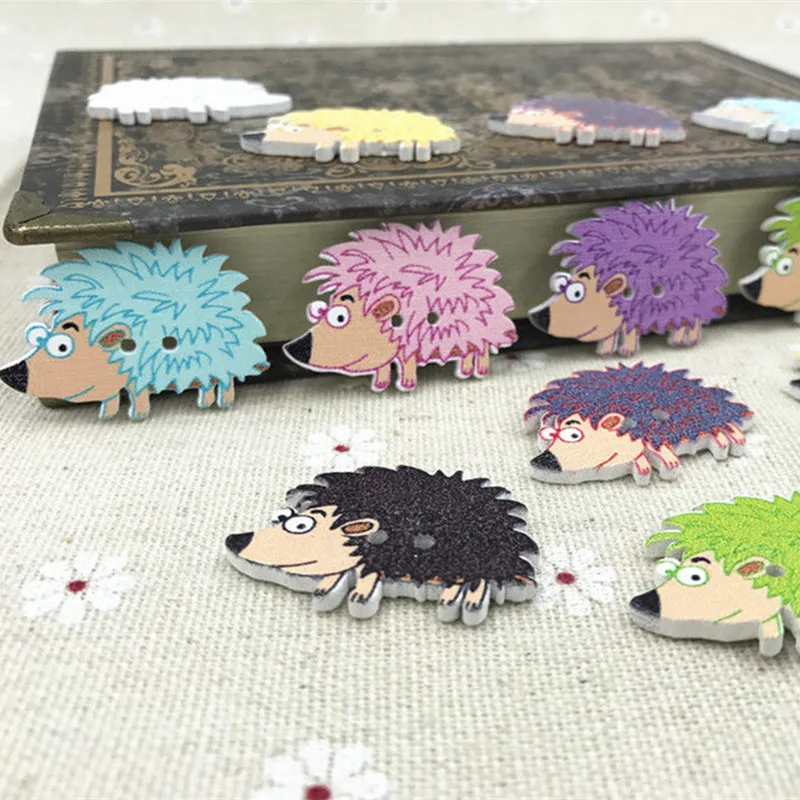 

DIY 100pcs Wooden buttons Cartoon hedgehog Fit sewing scrapbooking Mixed-color 32mm