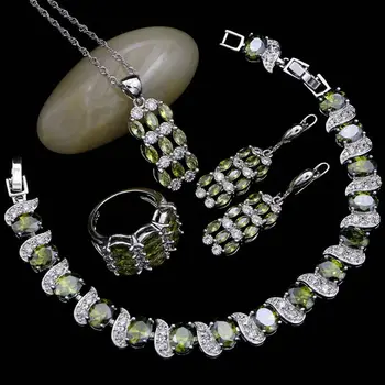 

925 Sterling Silver Jewelry Set Olive Green Cubic Zirconia White Crystal Earrings/Pendant/Necklace/Ring/Bracelet For Women