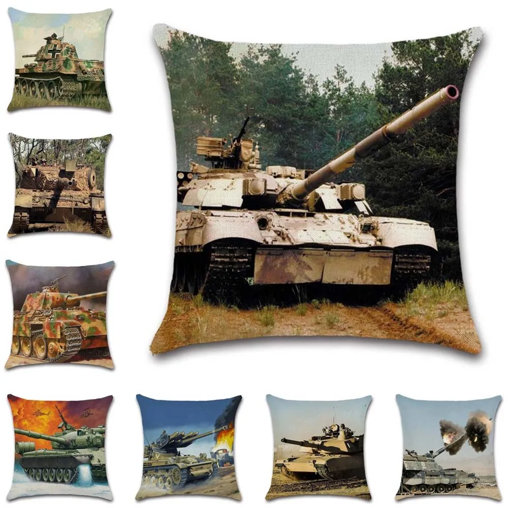 

War machine Tank printed linen beige Cushion Cover decorative Home sofa chair car seat friend bedroom kids boy gift pillowcase