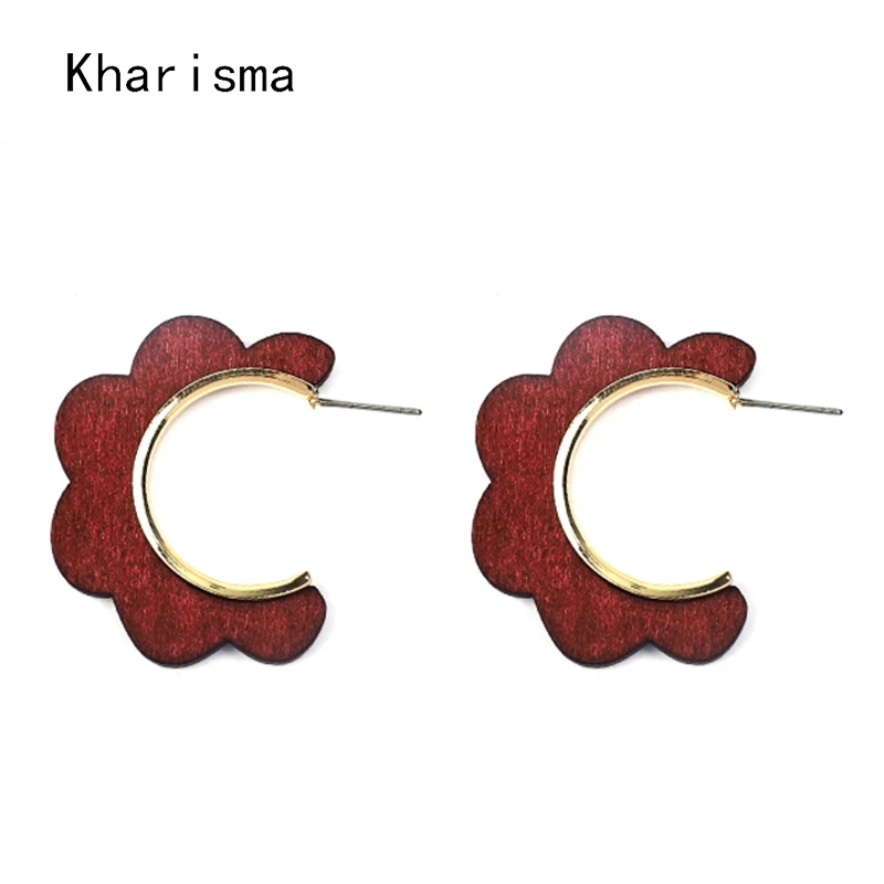 KHARISMA Trendy Red Wood Flower Pattern Stud Earrings Fashion Jewelry For Women Wedding Party Ethnic African Indian Big | Украшения и