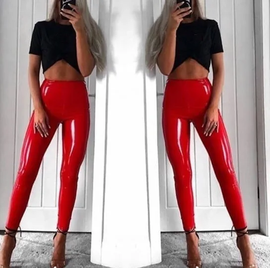 Women Vinyl PVC Wet Look Shiny Disco Elasticated High Waist