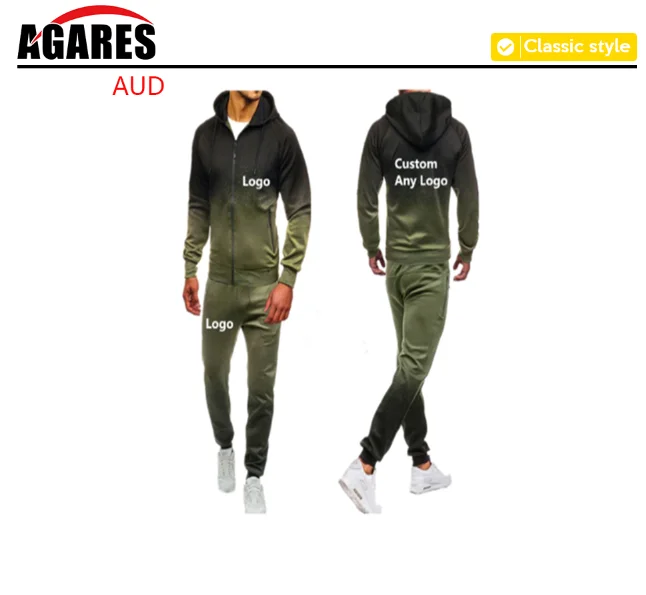 For Men's Design Logo Hoodies Harajuku Man Gradient color Hooded Fleece zipper Jacket Sweatshirt Sweatpants Suit 2pcs - Цвет: green