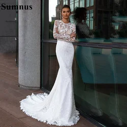 Sumnus 2021 Lace Mermaid Wedding Gowns O Neck Long Sleeves Vintage Bridal Dress luxury Modest Wedding Dresses