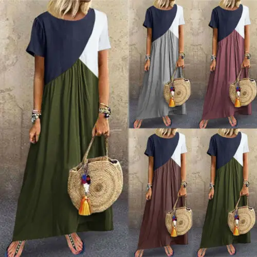 

Women's Irregular Dress Boho Maxi Dress Short Sleeve Casual Beach Splicing Party Sundress Ladies Fashion Loose Dress S-5XL Size
