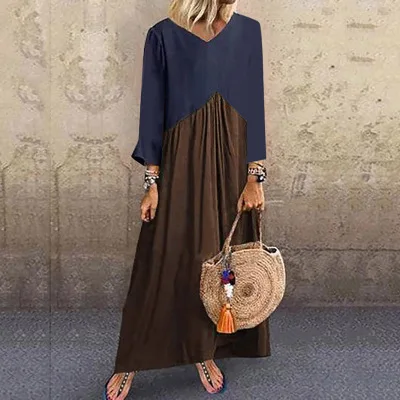 Boho Chic Plus Size Maxi Long Dress Women Casual Loose Color Block Dress Patchwork Short Sleeve Beach Summer Dresses Women - Цвет: 9094 khaki