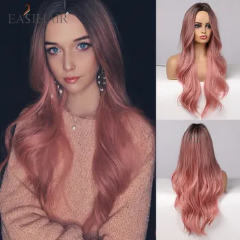 

EASIHAIR Long Body Wave Ombre Black Pink Cosplay Wigs Heat Resistant Synthetic Wigs Middle Part Natural Lolita Wigs for Women