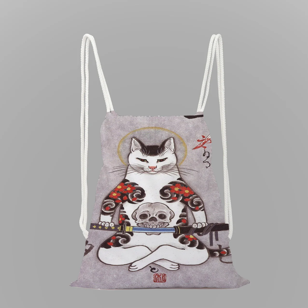 

Japanese Samurai Cat Drawstring Backpack Daily Casual Boys and Girls Backpack Drawstring Pockets