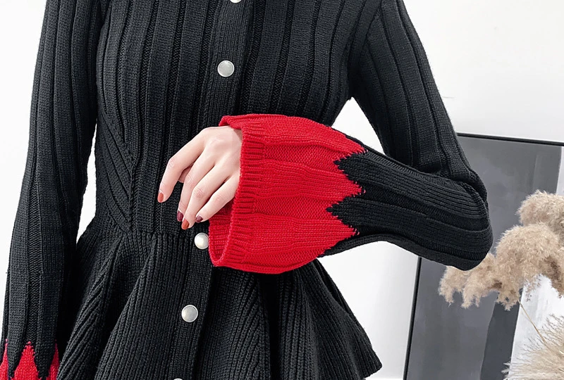 Patchwork Hit Colors Knitting Cardigan Female Flare Long Sleeve Ruffle Hem Sweater Women Elegant Casual Clothing Women Sweaters